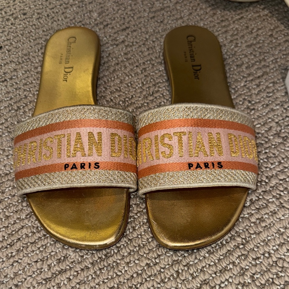Dior Dway Slide 37.5 Gold Tan & Pink
